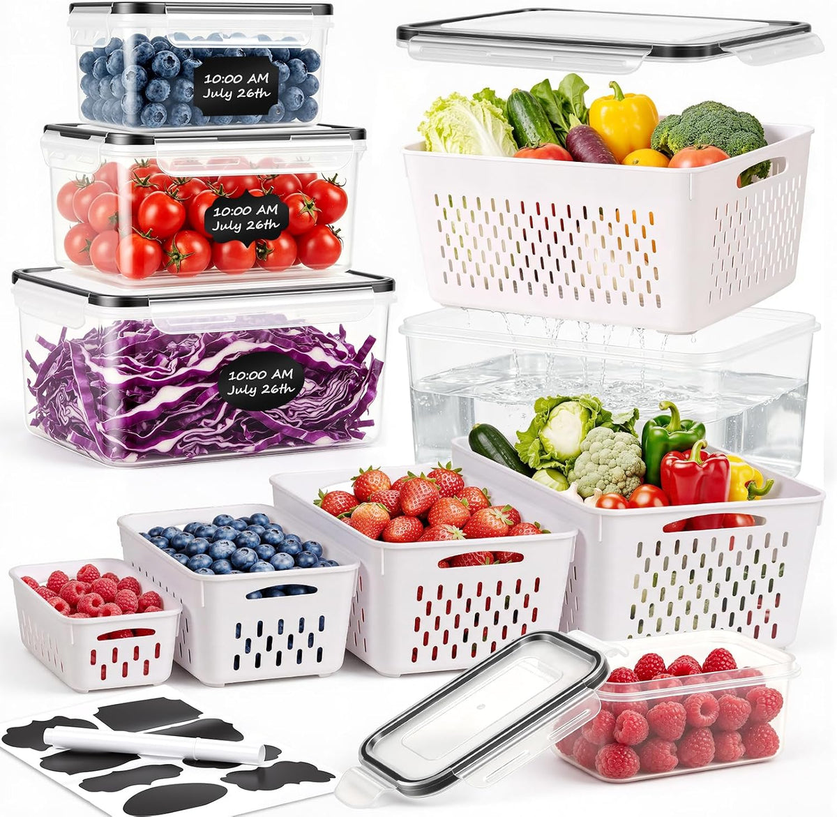 Fruit Storage Containers for Fridge with Removable Colander 4 PCS