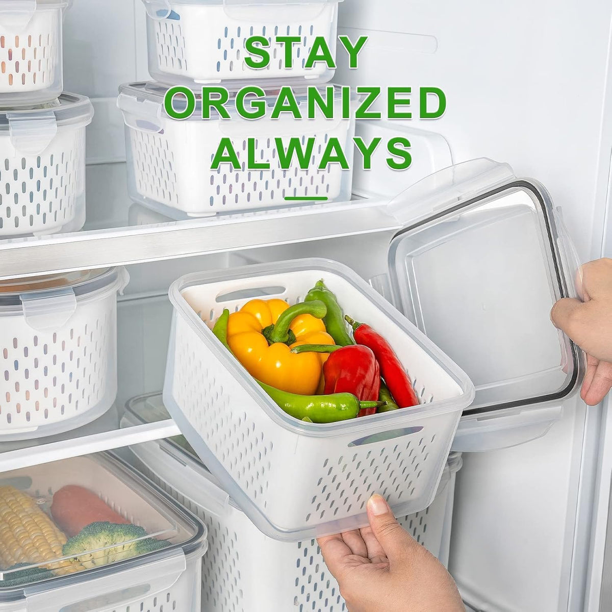 Fruit Storage Containers for Fridge with Removable Colander 4 PCS