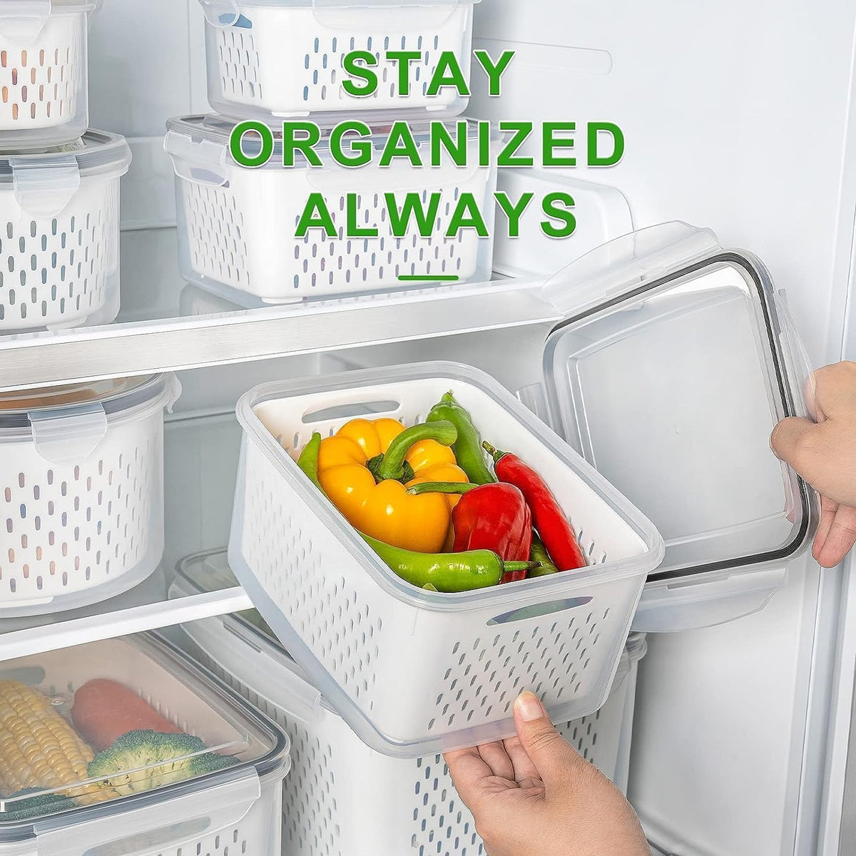 Fruit Storage Containers for Fridge with Removable Colander 4 PCS