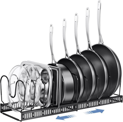 Expandable Pots and Pans Organizer under Cabinet with 10 Dividers | Extends 12"-23", Holds pot lids, pans cookware inside Cabinet, rack with pot lid organizer, Space-saving for kitchen cabinets