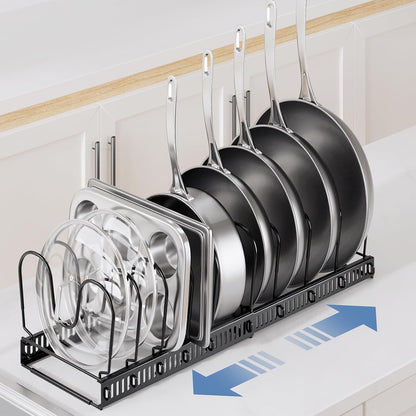 Expandable Pots and Pans Organizer under Cabinet with 10 Dividers | Extends 12"-23", Holds pot lids, pans cookware inside Cabinet, rack with pot lid organizer, Space-saving for kitchen cabinets