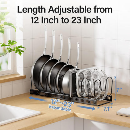 Expandable Pots and Pans Organizer under Cabinet with 10 Dividers | Extends 12"-23", Holds pot lids, pans cookware inside Cabinet, rack with pot lid organizer, Space-saving for kitchen cabinets