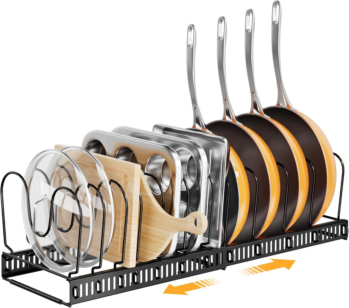 Expandable Pots and Pans Organizer under Cabinet with 10 Dividers | Extends 12"-23", Holds pot lids, pans cookware inside Cabinet, rack with pot lid organizer, Space-saving for kitchen cabinets
