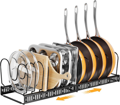 Expandable Pots and Pans Organizer under Cabinet with 10 Dividers | Extends 12"-23", Holds pot lids, pans cookware inside Cabinet, rack with pot lid organizer, Space-saving for kitchen cabinets
