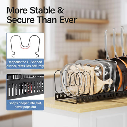 Expandable Pots and Pans Organizer under Cabinet with 10 Dividers | Extends 12"-23", Holds pot lids, pans cookware inside Cabinet, rack with pot lid organizer, Space-saving for kitchen cabinets
