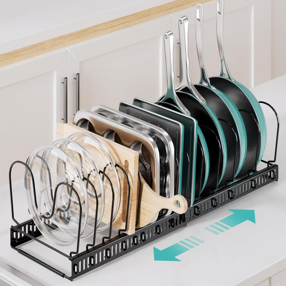 Expandable Pots and Pans Organizer under Cabinet with 10 Dividers | Extends 12"-23", Holds pot lids, pans cookware inside Cabinet, rack with pot lid organizer, Space-saving for kitchen cabinets