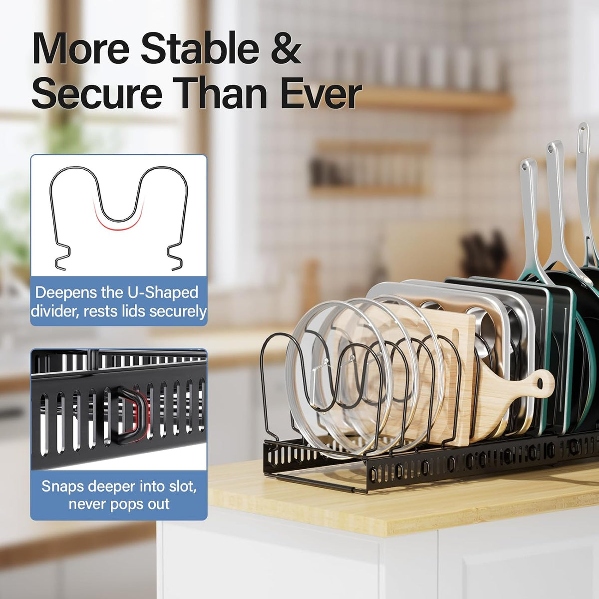 Expandable Pots and Pans Organizer under Cabinet with 10 Dividers | Extends 12"-23", Holds pot lids, pans cookware inside Cabinet, rack with pot lid organizer, Space-saving for kitchen cabinets