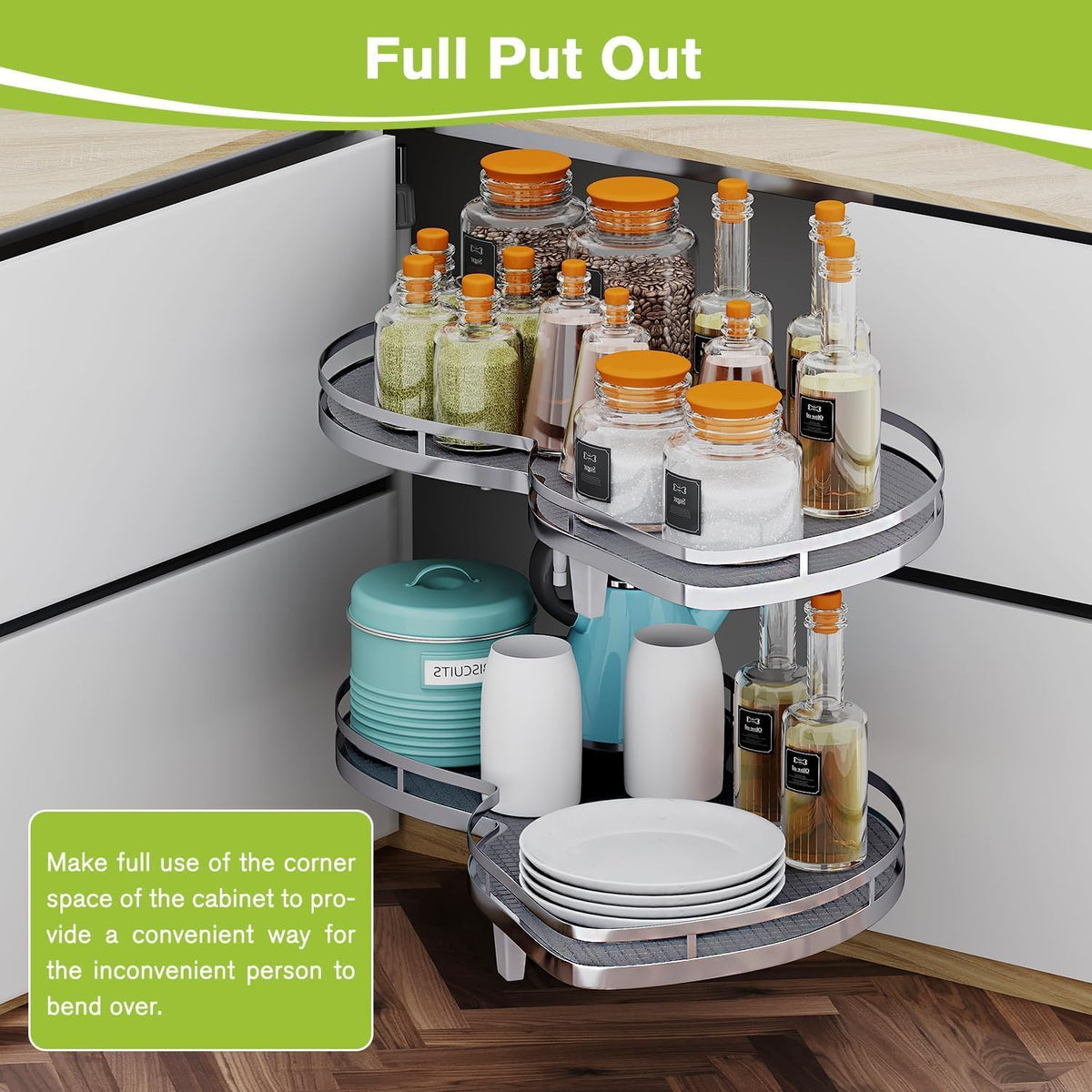 Blind Corner Cabinet Pull Out Organizer, Soft Close Swing Left Pull Out Cabinet Organizer 30inch, Corner Cabinet Lazy Susan for Cabinet Blind Shelf, 2 Tiers Tray, Adjustable Height