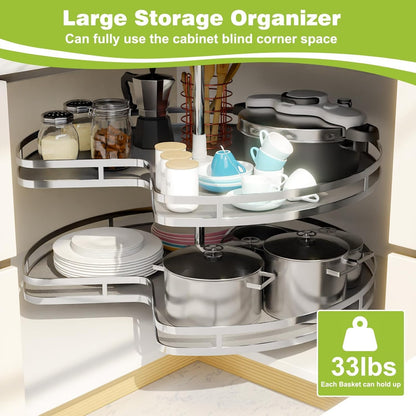 Blind Corner Cabinet Pull Out Organizer, Soft Close Swing Left Pull Out Cabinet Organizer 30inch, Corner Cabinet Lazy Susan for Cabinet Blind Shelf, 2 Tiers Tray, Adjustable Height