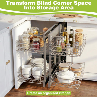 Blind Corner Cabinet Pull Out Organizer, Soft Close Swing Left Pull Out Cabinet Organizer 30inch, Corner Cabinet Lazy Susan for Cabinet Blind Shelf, 2 Tiers Tray, Adjustable Height