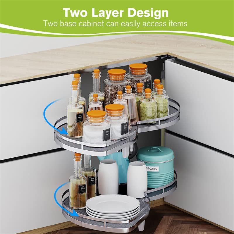 Blind Corner Cabinet Pull Out Organizer, Soft Close Swing Left Pull Out Cabinet Organizer 30inch, Corner Cabinet Lazy Susan for Cabinet Blind Shelf, 2 Tiers Tray, Adjustable Height