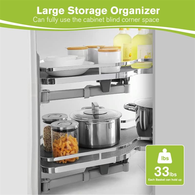 Blind Corner Cabinet Pull Out Organizer, Soft Close Swing Left Pull Out Cabinet Organizer 30inch, Corner Cabinet Lazy Susan for Cabinet Blind Shelf, 2 Tiers Tray, Adjustable Height