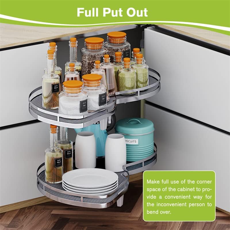 Blind Corner Cabinet Pull Out Organizer, Soft Close Swing Left Pull Out Cabinet Organizer 30inch, Corner Cabinet Lazy Susan for Cabinet Blind Shelf, 2 Tiers Tray, Adjustable Height