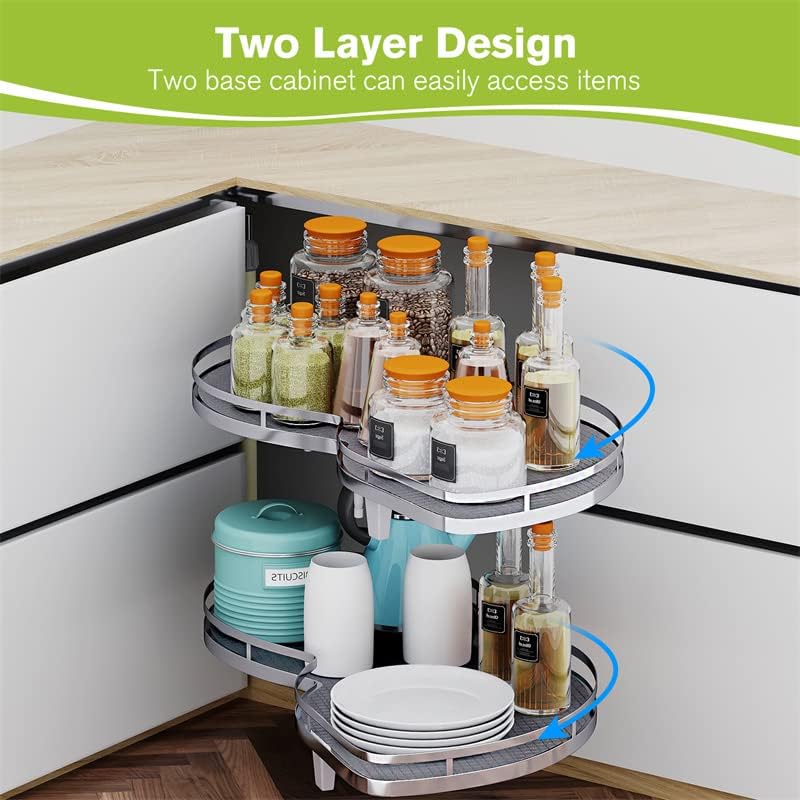 Blind Corner Cabinet Pull Out Organizer, Soft Close Swing Left Pull Out Cabinet Organizer 30inch, Corner Cabinet Lazy Susan for Cabinet Blind Shelf, 2 Tiers Tray, Adjustable Height