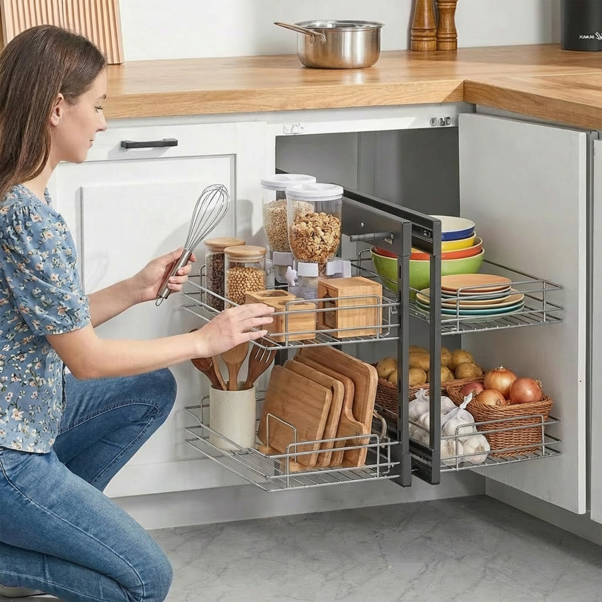 Blind Corner Cabinet Pull Out Organizer, Soft Close Swing Left Pull Out Cabinet Organizer 30inch, Corner Cabinet Lazy Susan for Cabinet Blind Shelf, 2 Tiers Tray, Adjustable Height
