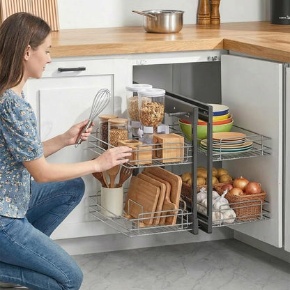 Blind Corner Cabinet Pull Out Organizer, Soft Close Swing Left Pull Out Cabinet Organizer 30inch, Corner Cabinet Lazy Susan for Cabinet Blind Shelf, 2 Tiers Tray, Adjustable Height