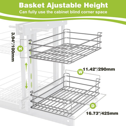 Blind Corner Cabinet Pull Out Organizer, Soft Close Swing Left Pull Out Cabinet Organizer 30inch, Corner Cabinet Lazy Susan for Cabinet Blind Shelf, 2 Tiers Tray, Adjustable Height