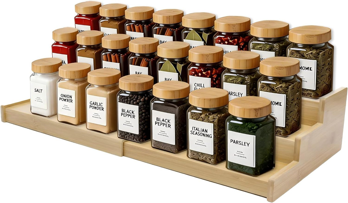 ESMELIS 3-Tier Expandable Bamboo Spice Rack,Spice Organizer for Cabinet | Adjustable 12"-24" Wide Storage Shelf for Countertop, Pantry & Cupboard , Natural Wood Kitchen Organization ,No Assembly