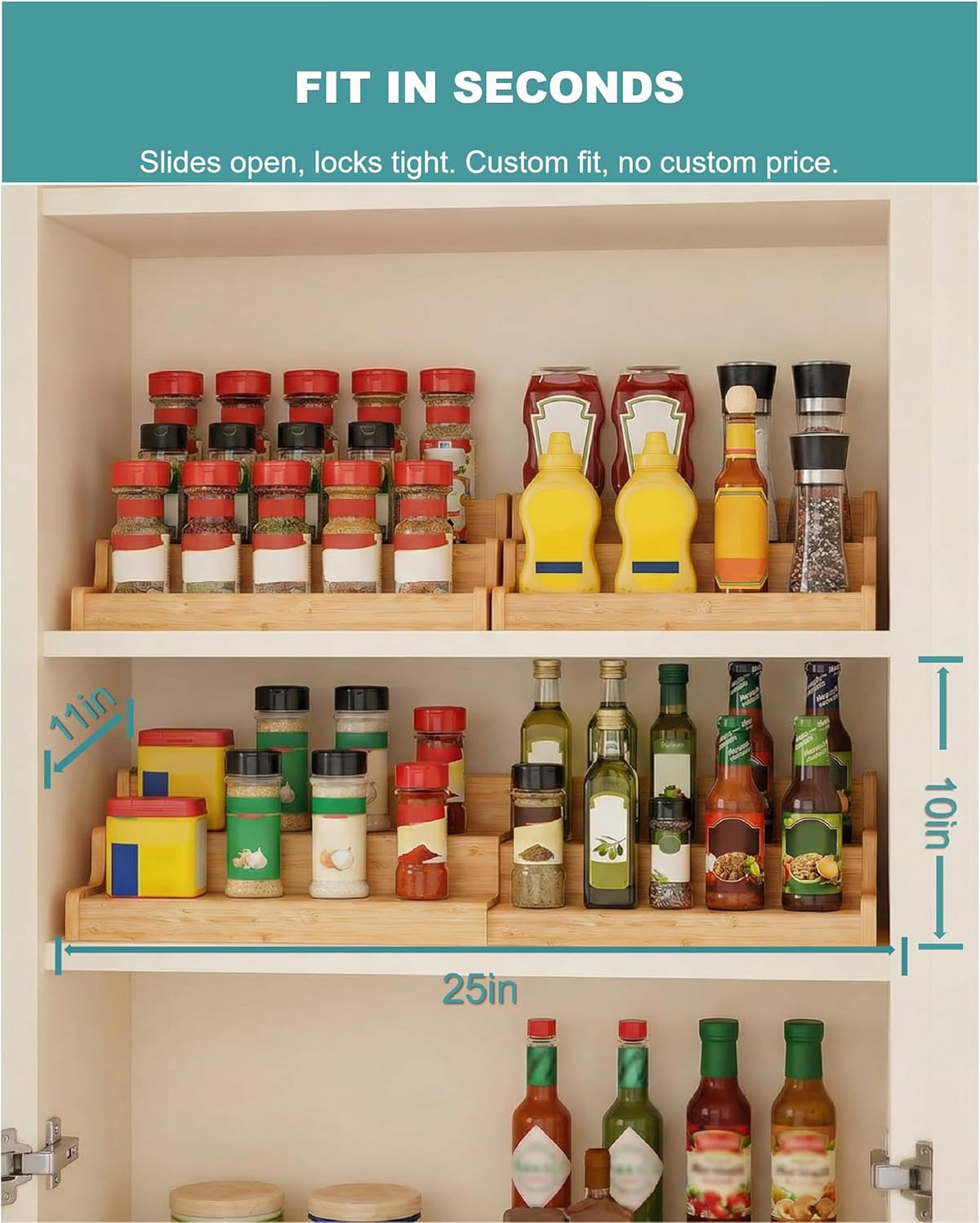 ESMELIS 3-Tier Expandable Bamboo Spice Rack,Spice Organizer for Cabinet | Adjustable 12"-24" Wide Storage Shelf for Countertop, Pantry & Cupboard , Natural Wood Kitchen Organization ,No Assembly