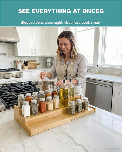 ESMELIS 3-Tier Expandable Bamboo Spice Rack,Spice Organizer for Cabinet | Adjustable 12"-24" Wide Storage Shelf for Countertop, Pantry & Cupboard , Natural Wood Kitchen Organization ,No Assembly