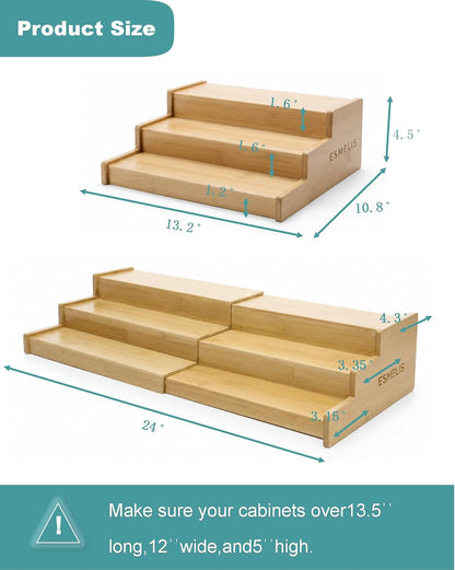 ESMELIS 3-Tier Expandable Bamboo Spice Rack,Spice Organizer for Cabinet | Adjustable 12"-24" Wide Storage Shelf for Countertop, Pantry & Cupboard , Natural Wood Kitchen Organization ,No Assembly