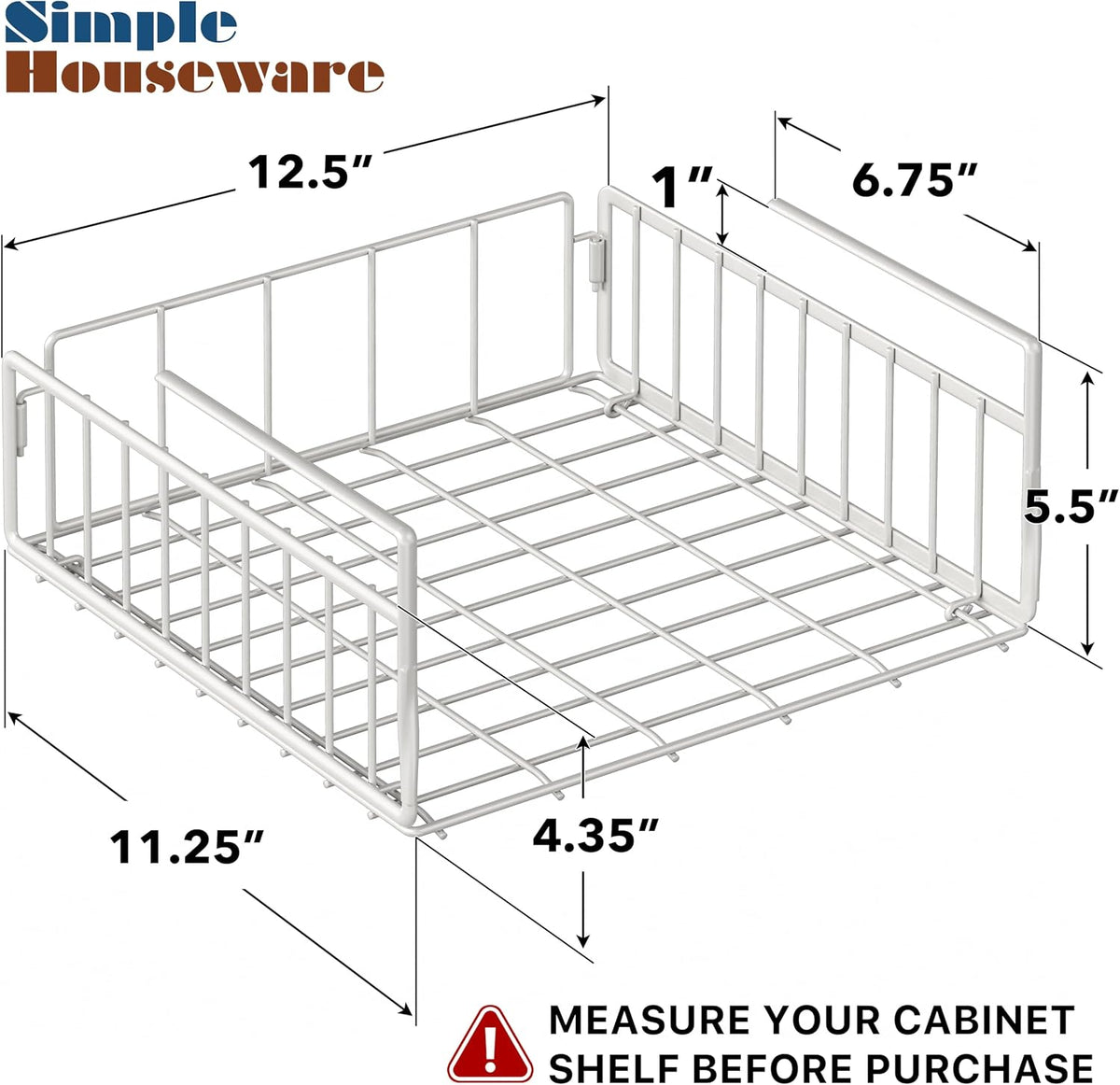 Under Shelf Wire Metal Basket Shelf, White | Space-Saving Storage Organizer for Kitchen, Pantry, Closet, Office, No Tools Required