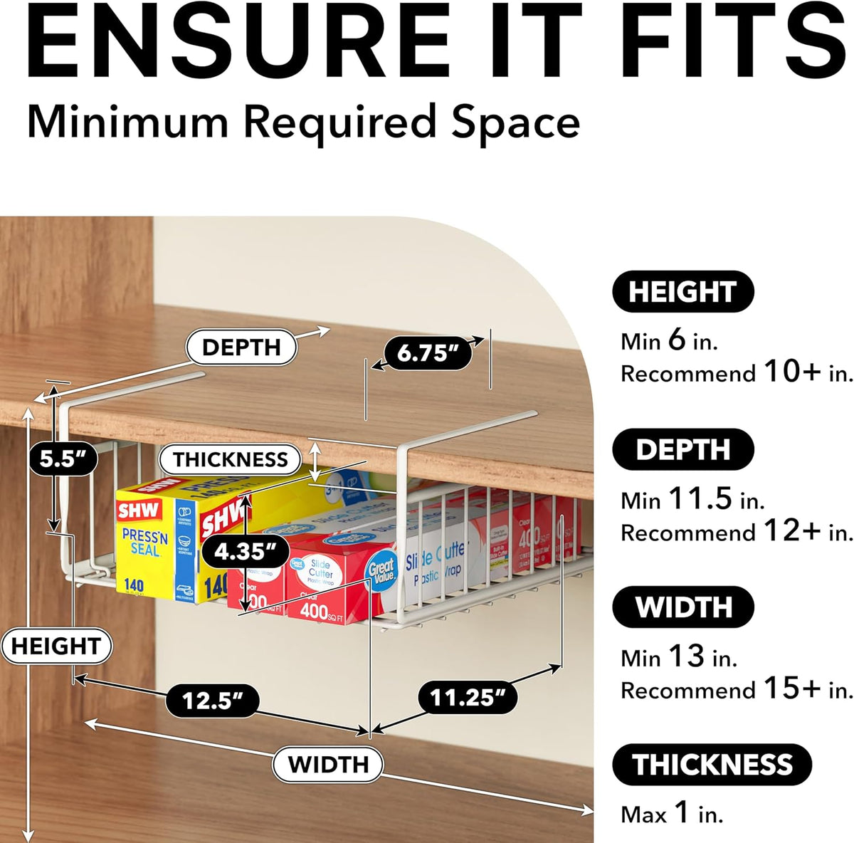 Under Shelf Wire Metal Basket Shelf, White | Space-Saving Storage Organizer for Kitchen, Pantry, Closet, Office, No Tools Required