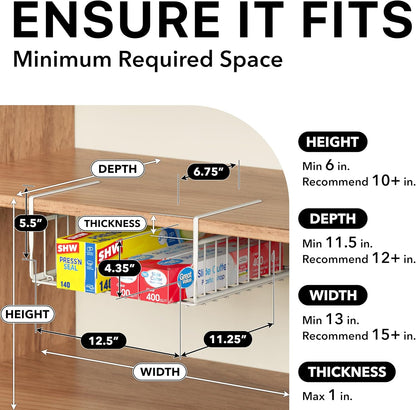 Under Shelf Wire Metal Basket Shelf, White | Space-Saving Storage Organizer for Kitchen, Pantry, Closet, Office, No Tools Required