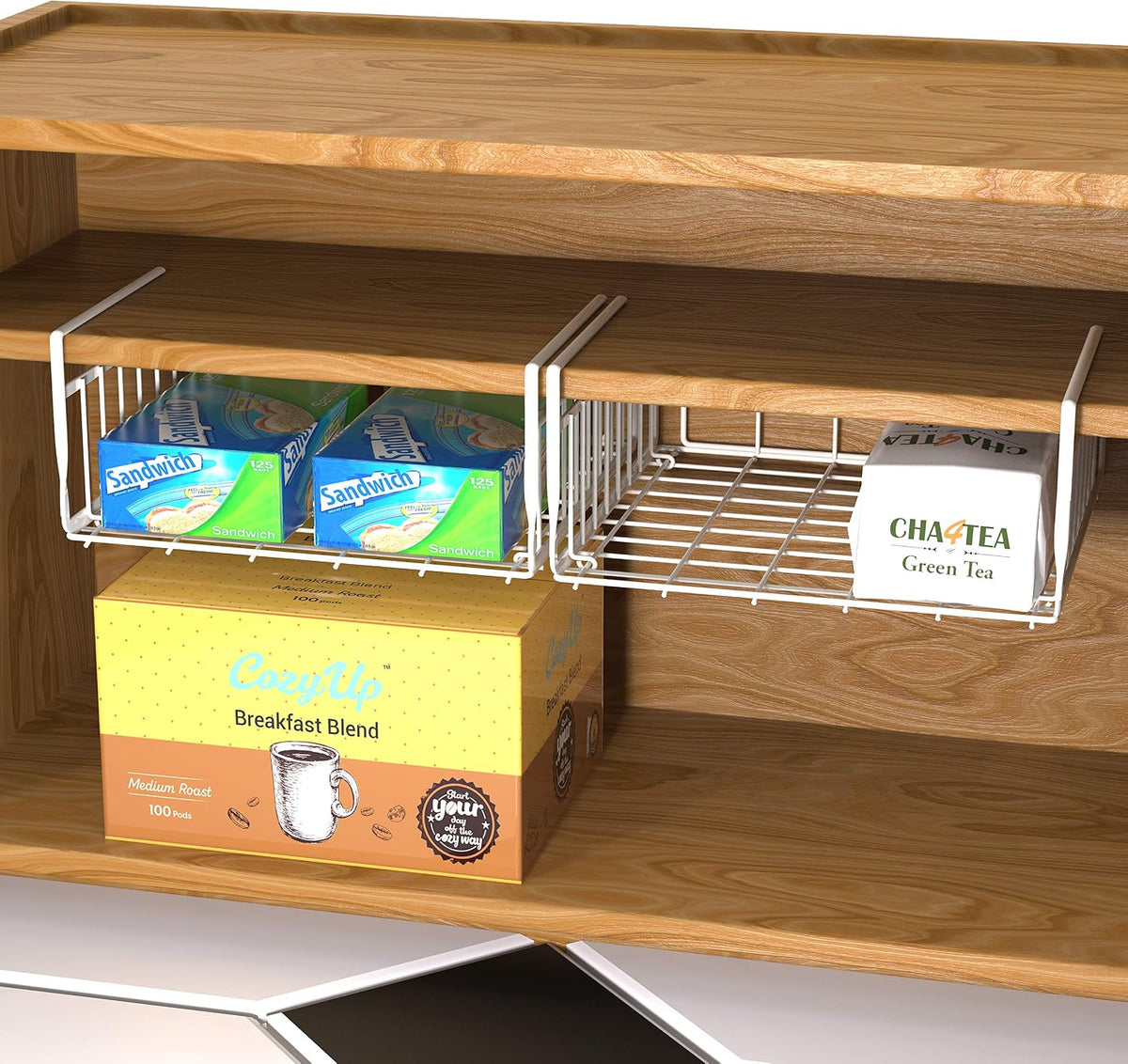 Under Shelf Wire Metal Basket Shelf, White | Space-Saving Storage Organizer for Kitchen, Pantry, Closet, Office, No Tools Required