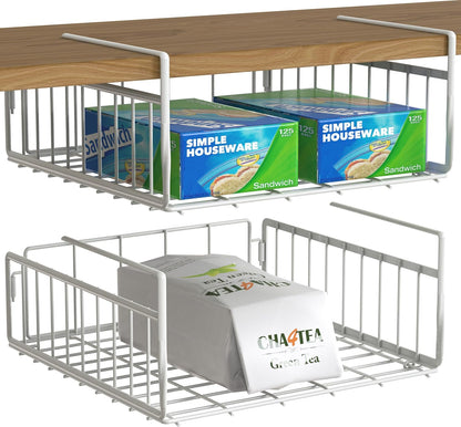 Under Shelf Wire Metal Basket Shelf, White | Space-Saving Storage Organizer for Kitchen, Pantry, Closet, Office, No Tools Required