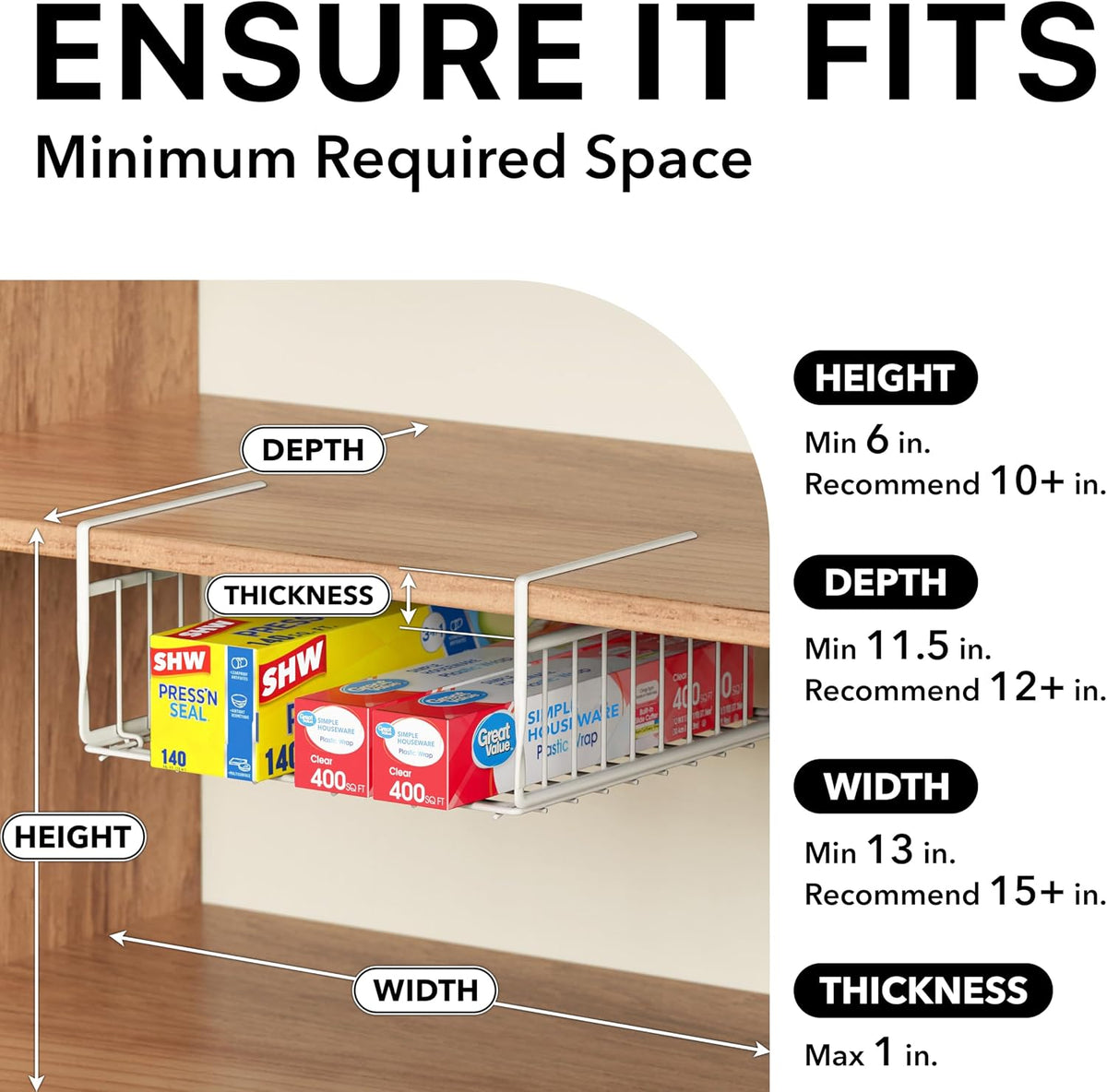 Under Shelf Wire Metal Basket Shelf, White | Space-Saving Storage Organizer for Kitchen, Pantry, Closet, Office, No Tools Required