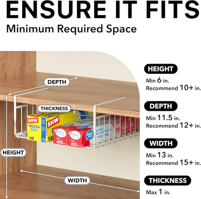 Under Shelf Wire Metal Basket Shelf, White | Space-Saving Storage Organizer for Kitchen, Pantry, Closet, Office, No Tools Required