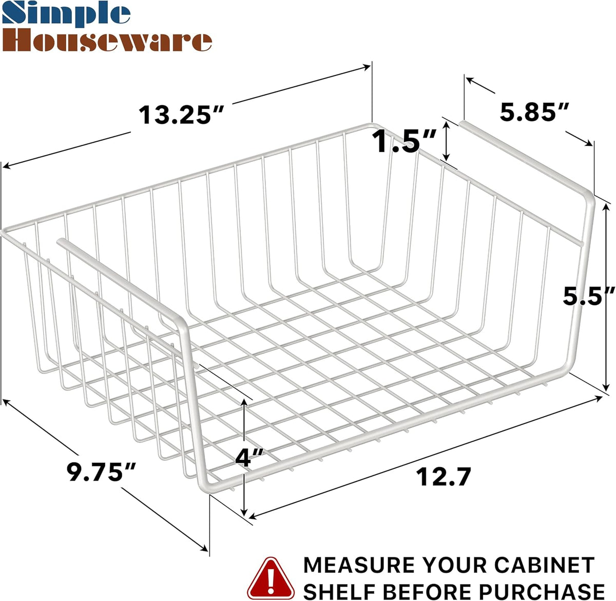 Under Shelf Wire Metal Basket Shelf, White | Space-Saving Storage Organizer for Kitchen, Pantry, Closet, Office, No Tools Required