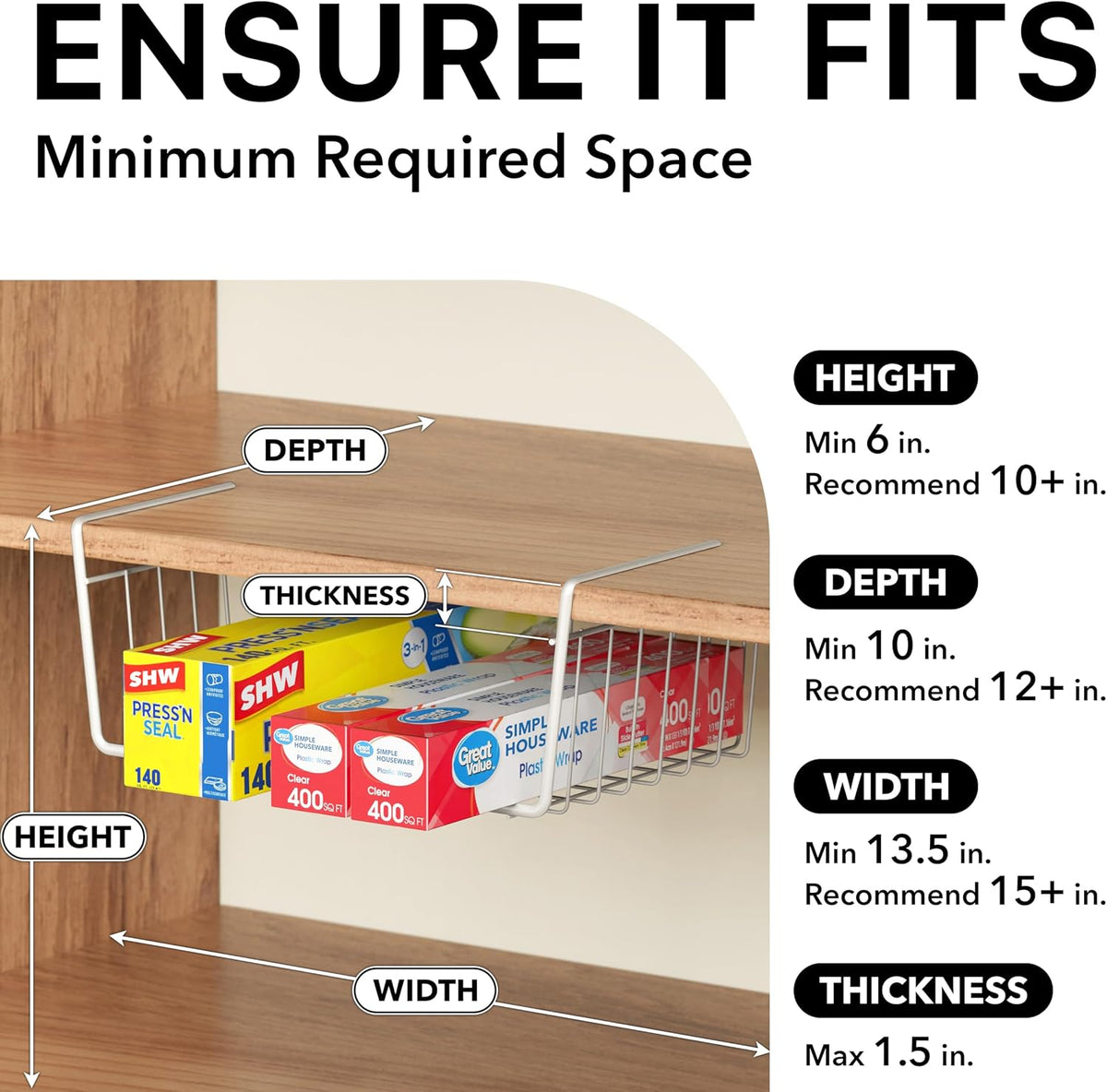 Under Shelf Wire Metal Basket Shelf, White | Space-Saving Storage Organizer for Kitchen, Pantry, Closet, Office, No Tools Required