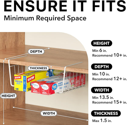 Under Shelf Wire Metal Basket Shelf, White | Space-Saving Storage Organizer for Kitchen, Pantry, Closet, Office, No Tools Required