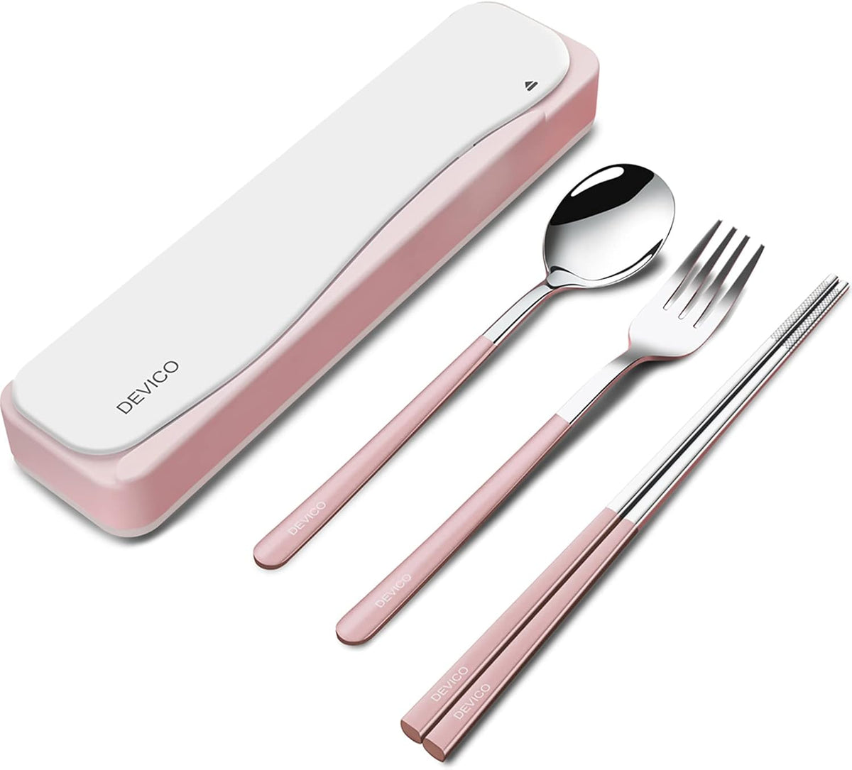 Travel Utensils with Case, 4Pcs Portable Silverware Set for Work, 18/8 Stainless Steel Reusable Cutlery, Korean Spoon and Chopsticks Fork for Camping, School, Lunch Box Accessories (Pink)
