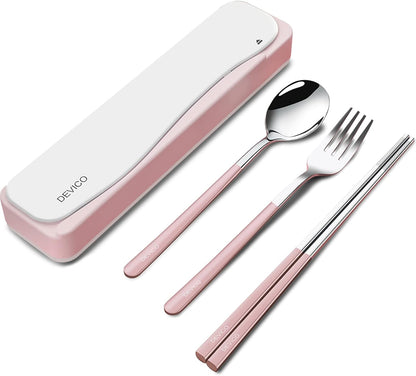 Travel Utensils with Case, 4Pcs Portable Silverware Set for Work, 18/8 Stainless Steel Reusable Cutlery, Korean Spoon and Chopsticks Fork for Camping, School, Lunch Box Accessories (Pink)