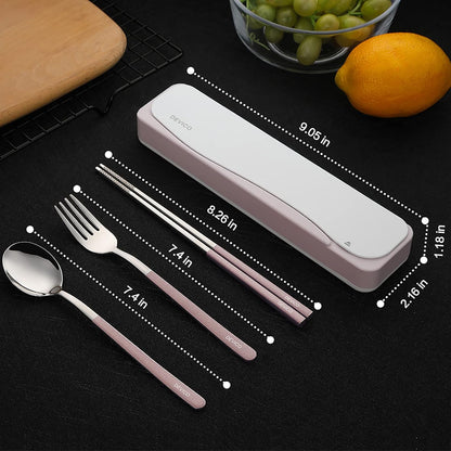 Travel Utensils with Case, 4Pcs Portable Silverware Set for Work, 18/8 Stainless Steel Reusable Cutlery, Korean Spoon and Chopsticks Fork for Camping, School, Lunch Box Accessories (Pink)