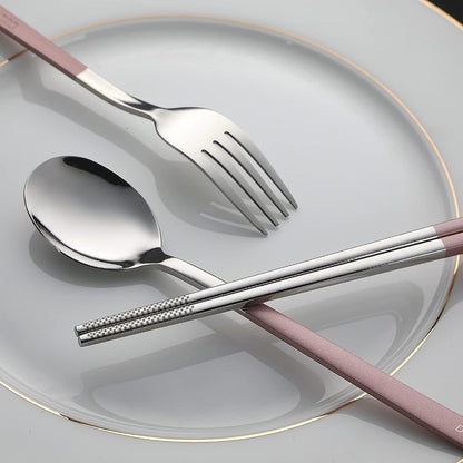 Travel Utensils with Case, 4Pcs Portable Silverware Set for Work, 18/8 Stainless Steel Reusable Cutlery, Korean Spoon and Chopsticks Fork for Camping, School, Lunch Box Accessories (Pink)