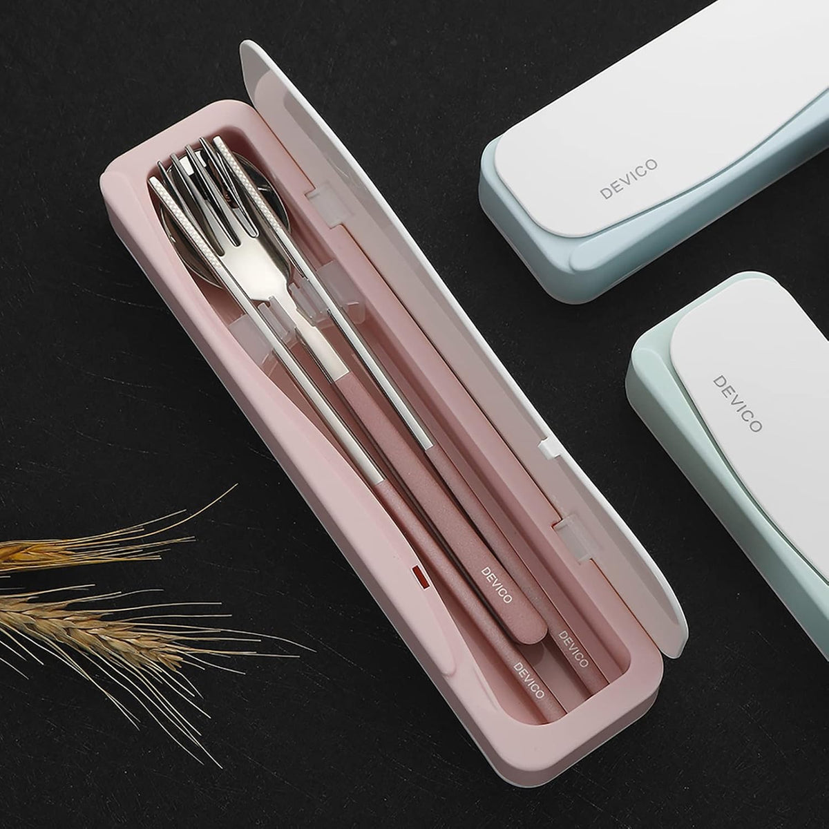 Travel Utensils with Case, 4Pcs Portable Silverware Set for Work, 18/8 Stainless Steel Reusable Cutlery, Korean Spoon and Chopsticks Fork for Camping, School, Lunch Box Accessories (Pink)