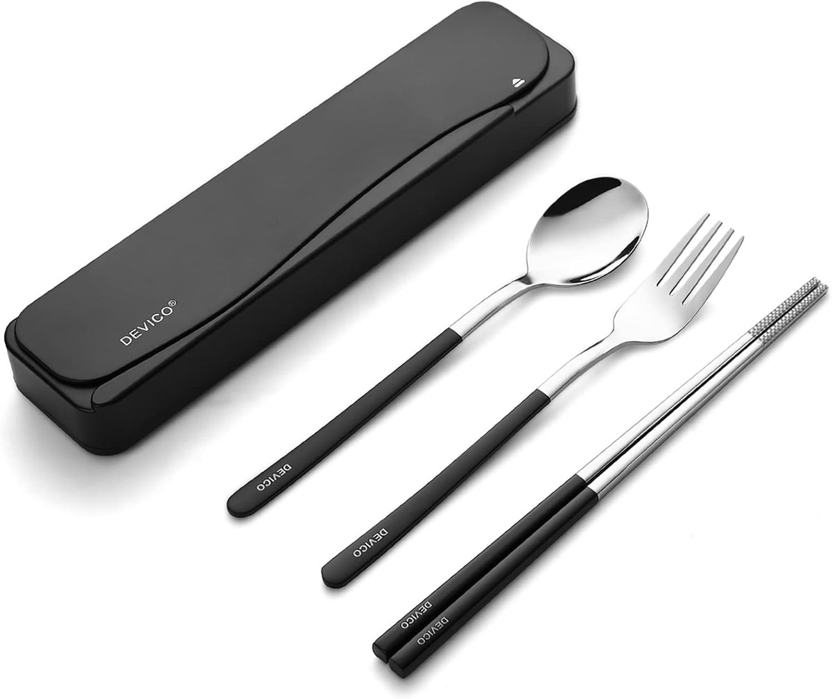 Travel Utensils with Case, 4Pcs Portable Silverware Set for Work, 18/8 Stainless Steel Reusable Cutlery, Korean Spoon and Chopsticks Fork for Camping, School, Lunch Box Accessories (Pink)