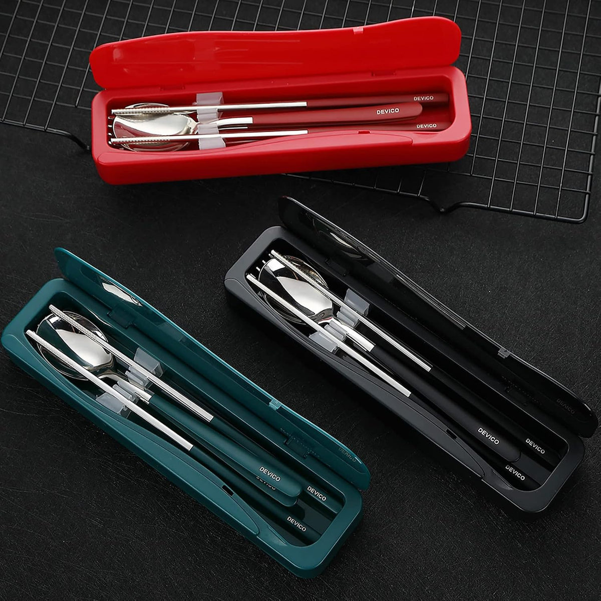 Travel Utensils with Case, 4Pcs Portable Silverware Set for Work, 18/8 Stainless Steel Reusable Cutlery, Korean Spoon and Chopsticks Fork for Camping, School, Lunch Box Accessories (Pink)