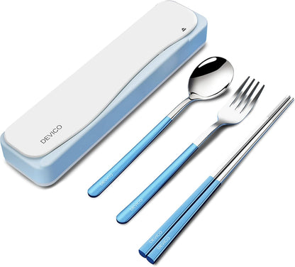 Travel Utensils with Case, 4Pcs Portable Silverware Set for Work, 18/8 Stainless Steel Reusable Cutlery, Korean Spoon and Chopsticks Fork for Camping, School, Lunch Box Accessories (Pink)
