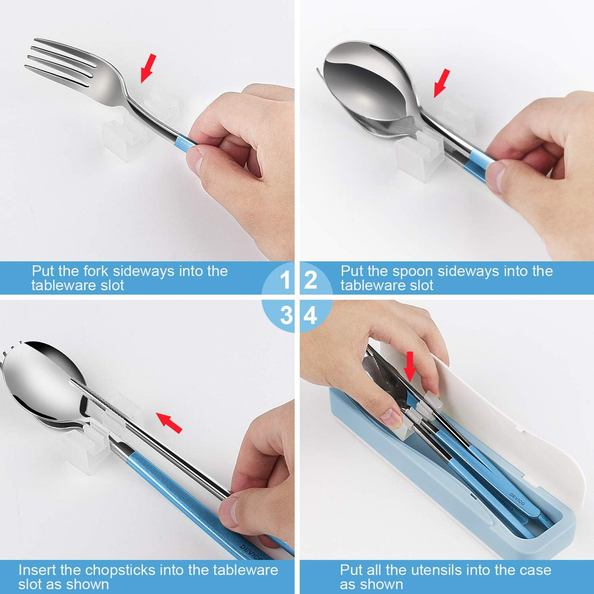Travel Utensils with Case, 4Pcs Portable Silverware Set for Work, 18/8 Stainless Steel Reusable Cutlery, Korean Spoon and Chopsticks Fork for Camping, School, Lunch Box Accessories (Pink)