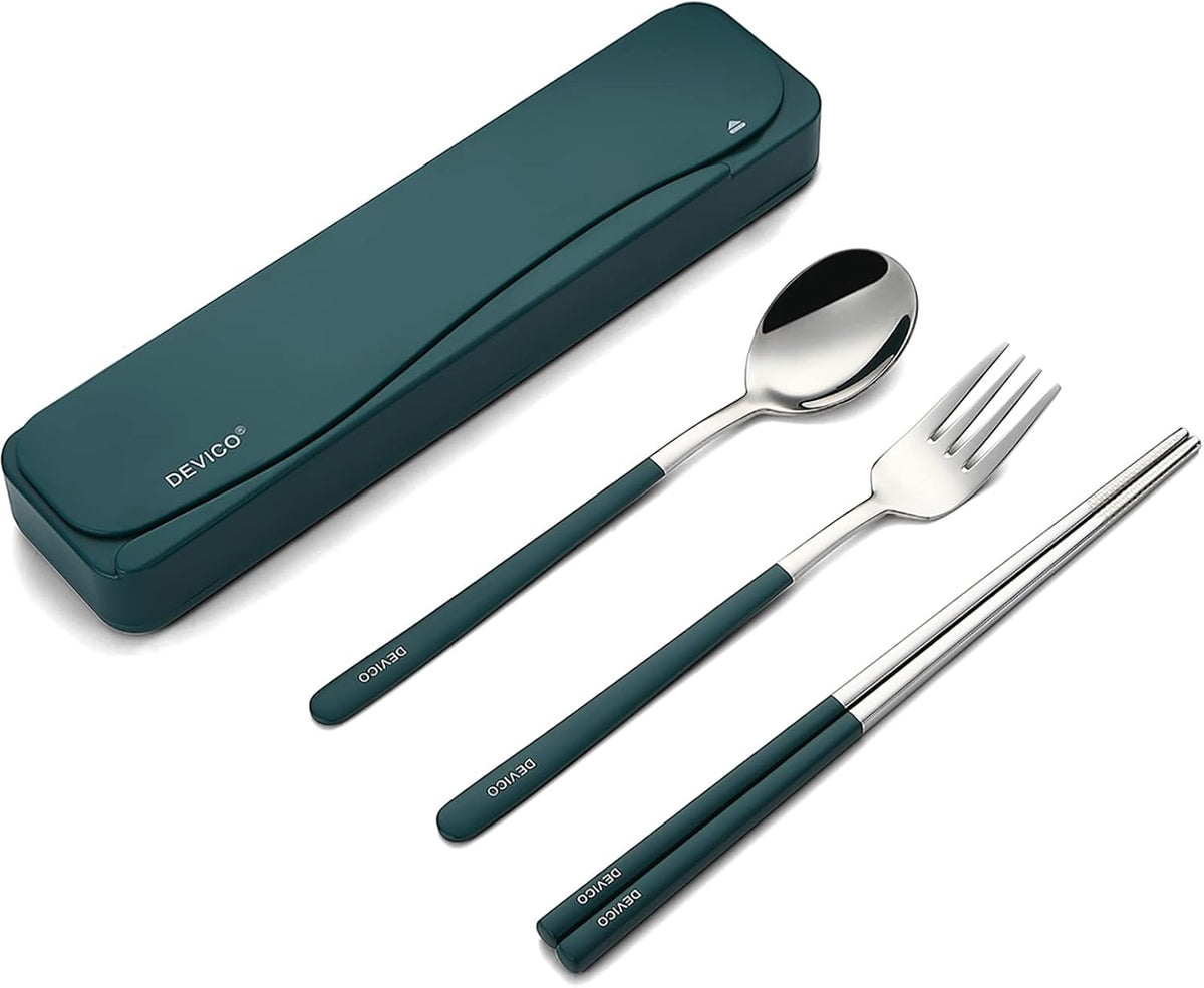Travel Utensils with Case, 4Pcs Portable Silverware Set for Work, 18/8 Stainless Steel Reusable Cutlery, Korean Spoon and Chopsticks Fork for Camping, School, Lunch Box Accessories (Pink)