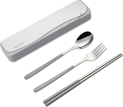 Travel Utensils with Case, 4Pcs Portable Silverware Set for Work, 18/8 Stainless Steel Reusable Cutlery, Korean Spoon and Chopsticks Fork for Camping, School, Lunch Box Accessories (Pink)