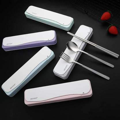 Travel Utensils with Case, 4Pcs Portable Silverware Set for Work, 18/8 Stainless Steel Reusable Cutlery, Korean Spoon and Chopsticks Fork for Camping, School, Lunch Box Accessories (Pink)