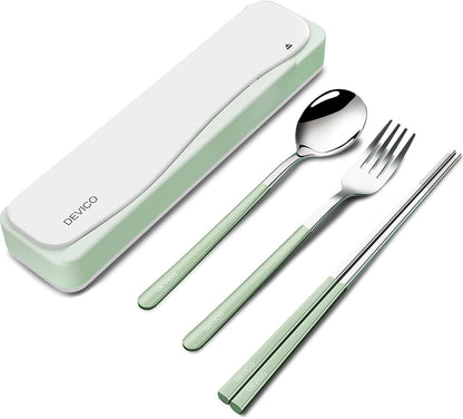 Travel Utensils with Case, 4Pcs Portable Silverware Set for Work, 18/8 Stainless Steel Reusable Cutlery, Korean Spoon and Chopsticks Fork for Camping, School, Lunch Box Accessories (Pink)