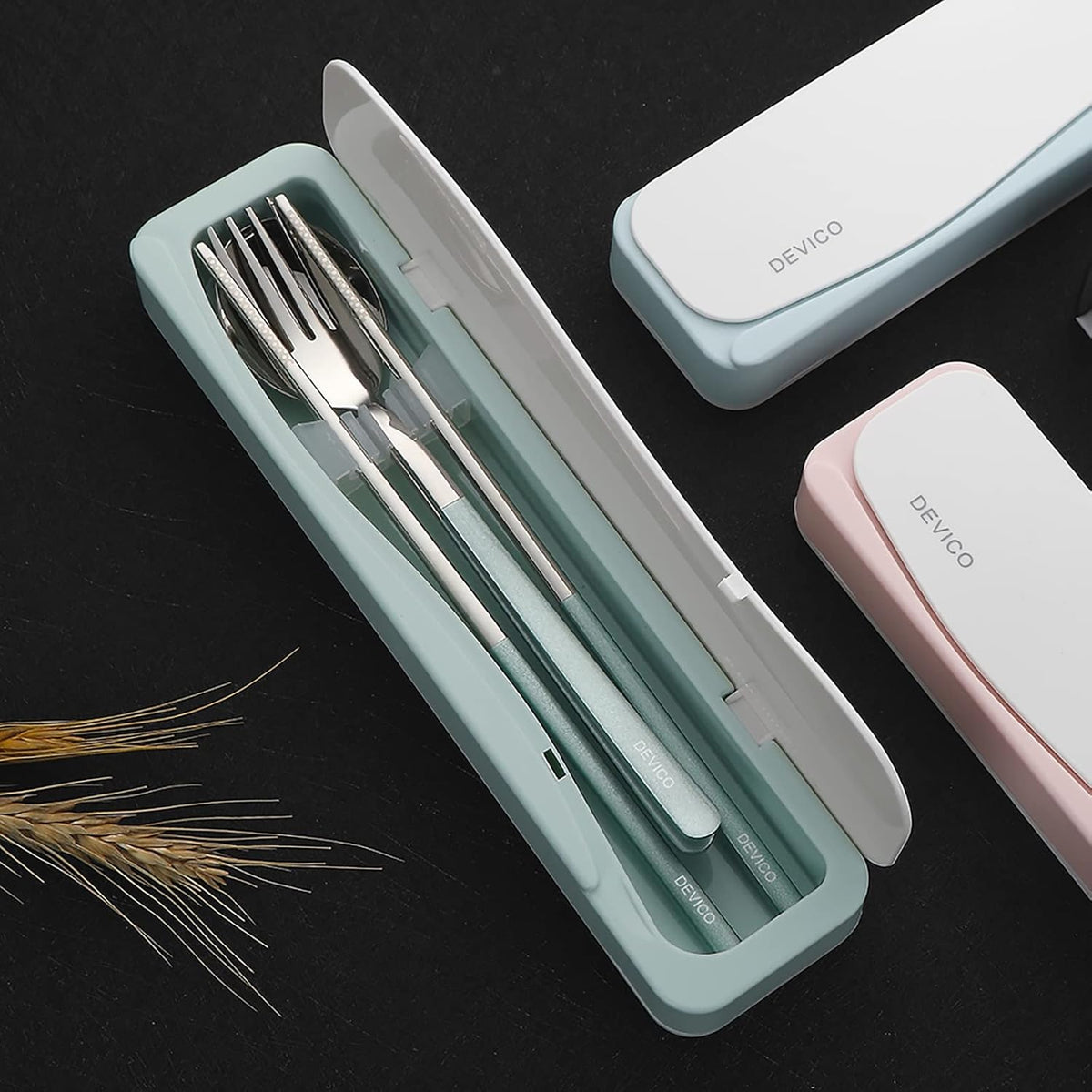 Travel Utensils with Case, 4Pcs Portable Silverware Set for Work, 18/8 Stainless Steel Reusable Cutlery, Korean Spoon and Chopsticks Fork for Camping, School, Lunch Box Accessories (Pink)