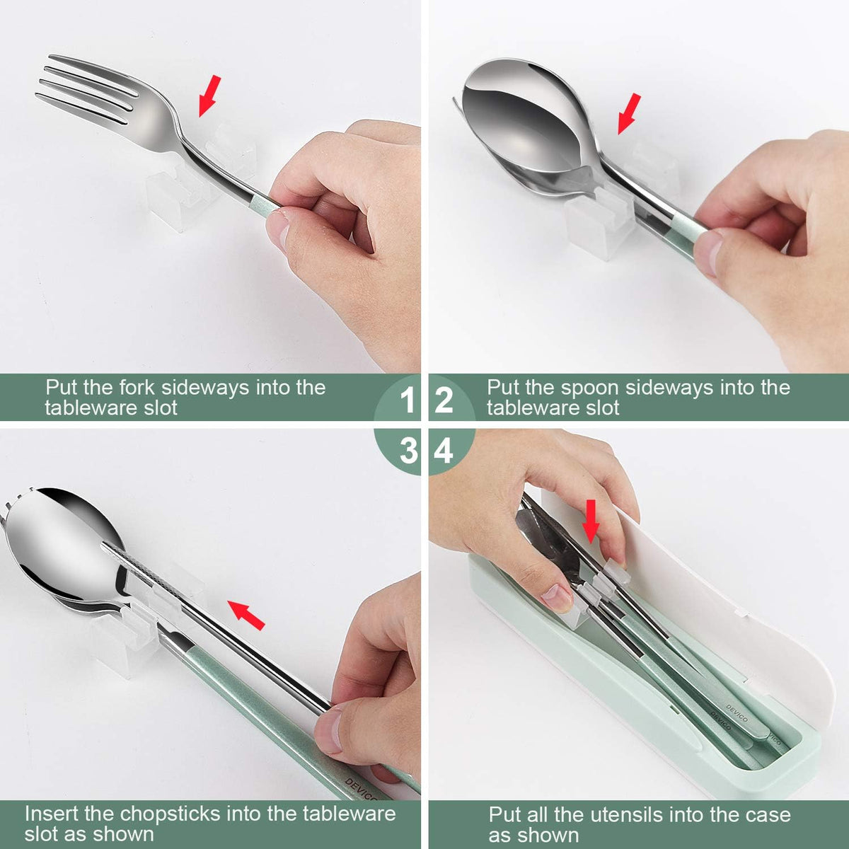 Travel Utensils with Case, 4Pcs Portable Silverware Set for Work, 18/8 Stainless Steel Reusable Cutlery, Korean Spoon and Chopsticks Fork for Camping, School, Lunch Box Accessories (Pink)